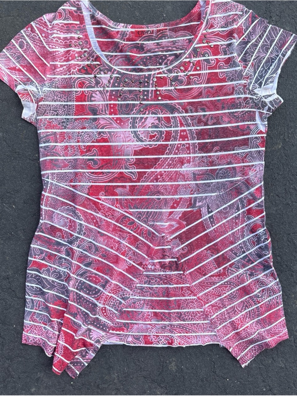 Red Paisley Striped Short Sleeve Top With Fairy Trim Sz M